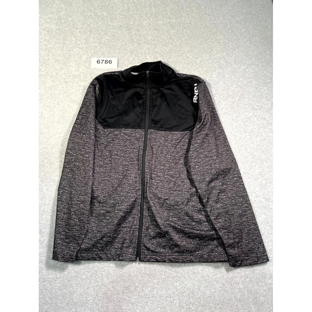 AND1 Track Jacket Mens Medium Black Gray Logo Mock Neck Full Zip Long Sleeve